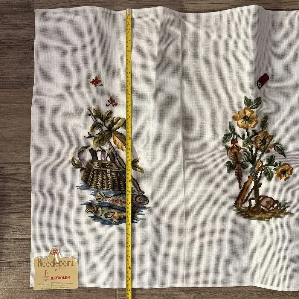 Vintage needlepoint embroidery fishing tackle hunting quail unfinished